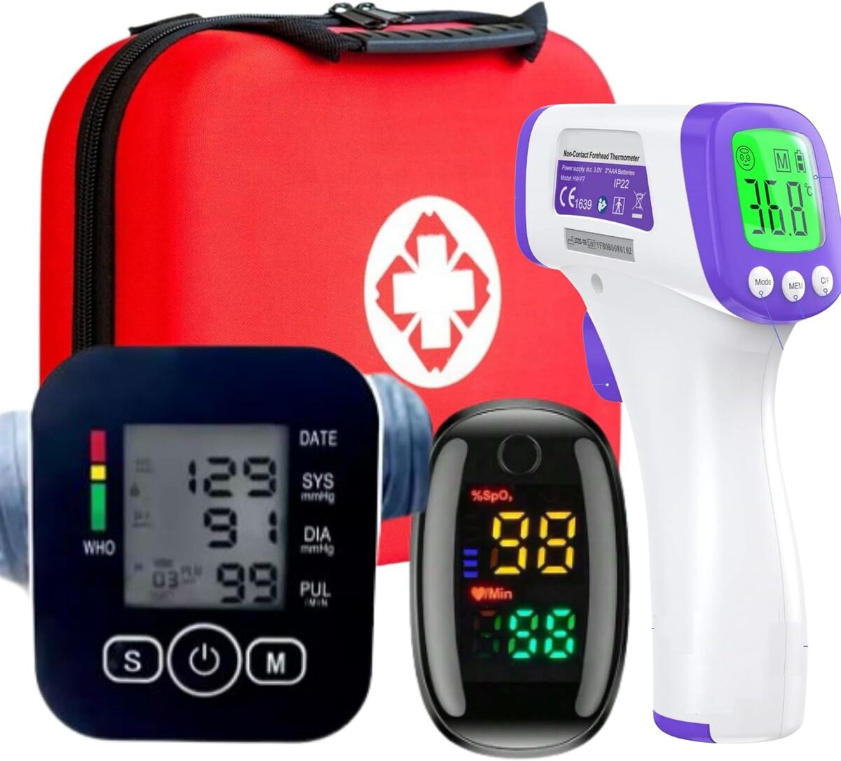 Test du kit santé à domicile : oxymètre, tensiomètre et thermomètre frontal