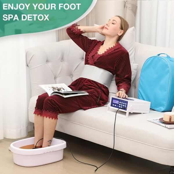 Veicomtech Ionic Detox Bain de pieds – Spa pour les pieds, machine de désintoxication ionique avec baignoire, dragonne, ceinture infrarouge lointain, 2 tableaux, sac bleu
