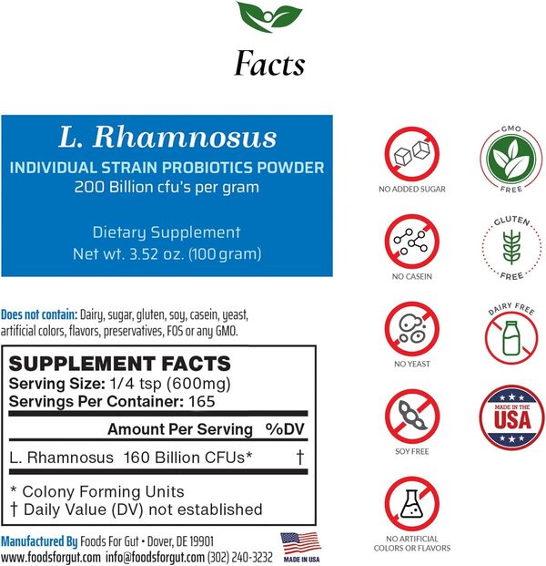 Foods For Gut Lactobacillus Rhamnosus Probiotic Powder 200 Billion cfu's | Made in USA | No Additives | Digestive & Immune Support | High Potency | L. Rhamnosus | (100 Grams)