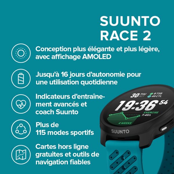 SUUNTO Race 2 Montre de Sport Homme Femme, Tracker d'Activités GPS Running, Bi-Band GNSS, Carte Hors Ligne, Écran Tactile AMOLED, Smartwatch Cardiofréquencemètre Podomètre Altimètre