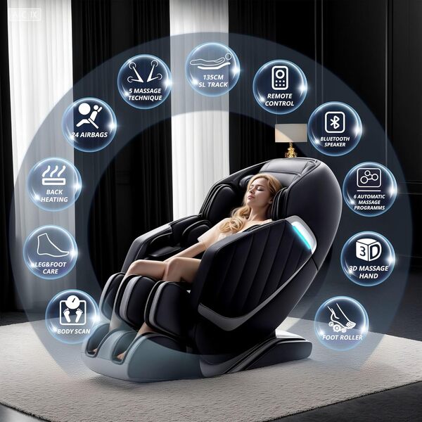 Fauteuil de Massage pour Tout Le Corps - Chaise de Massage Intelligente Zero Gravity - Mains robotiques 3D avec Rail SL - Fauteuil de Relaxation Bluetooth - Noir