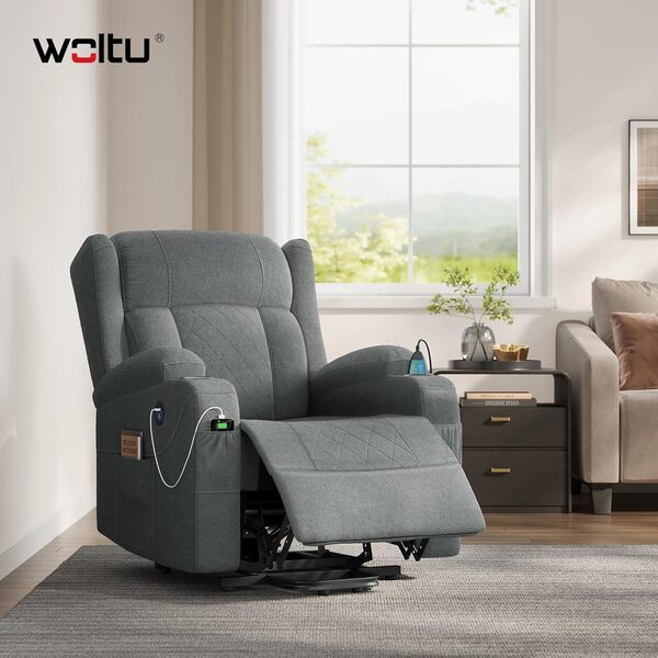 WOLTU Fauteuil Relax Électrique, Fauteuil Massant, Aide à la Verticalisation, Massage, Chauffage, Repose-Pieds, Poches, Porte-gobelet, Port USB, Tissu Éponge, Gris, SKS61gr