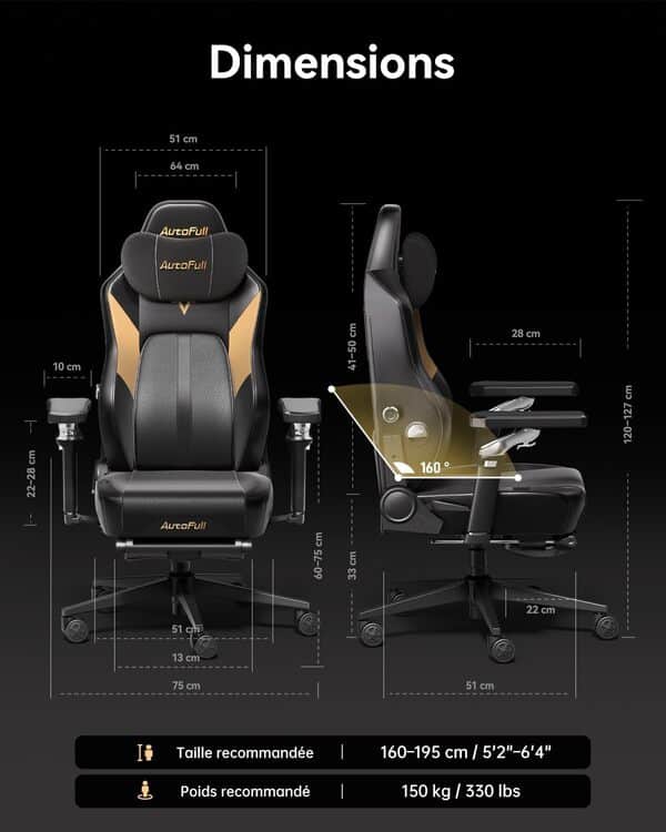 AutoFull M6 Ultra Chaise Gaming Fauteuil Gaming Ergonomique avec Massage Automatique, Siège Chauffant/Ventilé 3D, Repose-Pieds Escamotable & Support Cervical Réglable - Confort Professionnel Noir