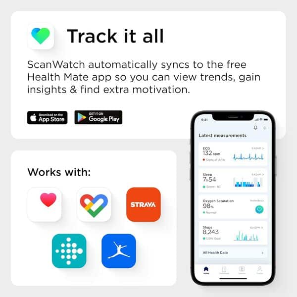 Withings Scanwatch - Montre Connectée Hybride avec ECG, Fréquence Cardiaque, SPO2 et Suivi du Sommeil, Smartwatch Sport, Podometre, avec Chargeur