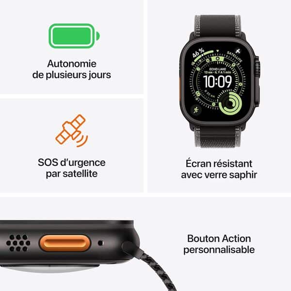 Apple Watch Ultra 3 [GPS + Cellular 49 mm] Montre connectée Course à Pied et Multisport avec boîtier Titane Naturel et Boucle Trail Bleu/Bleu Vif. Communications Satellite, Suivi santé et activité